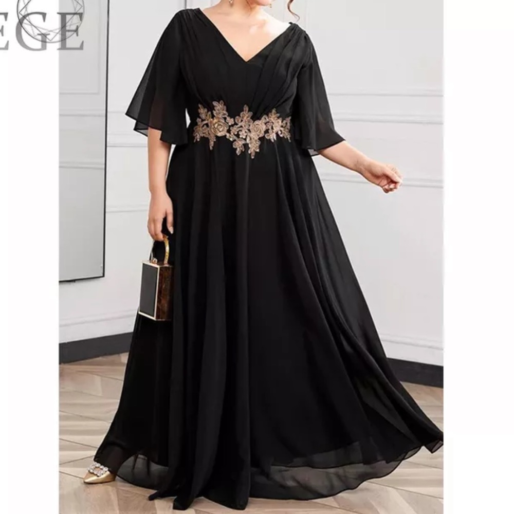 SHEIN Black Maxi Dress with Gold Embroidery
